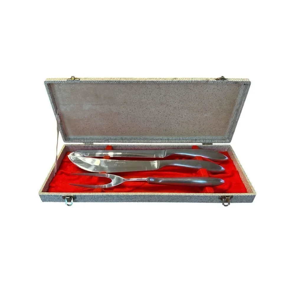 Vintage Eldan Carving Knife Fork Set 3 Piece Stainless MCM Japan Original Case